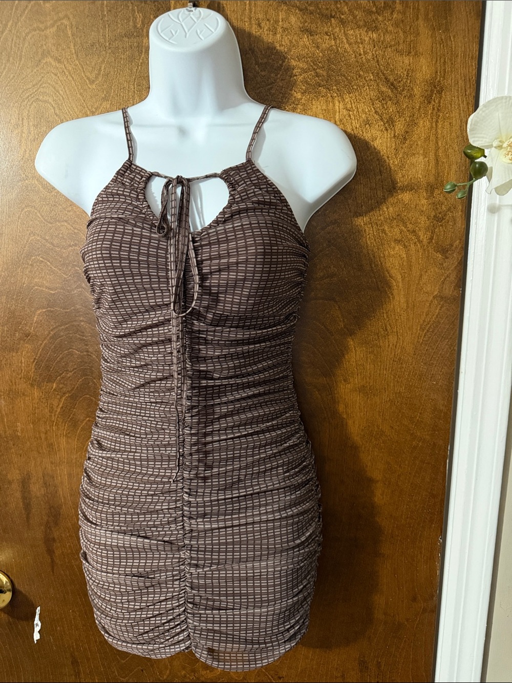 Motel Rocks Brown Ruched Square-Print Spaghetti Strap Mini Dress